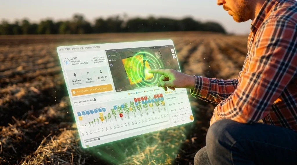 Produtor no campo visualizando indicadores de gestão e clima em uma tela futurista e integrada